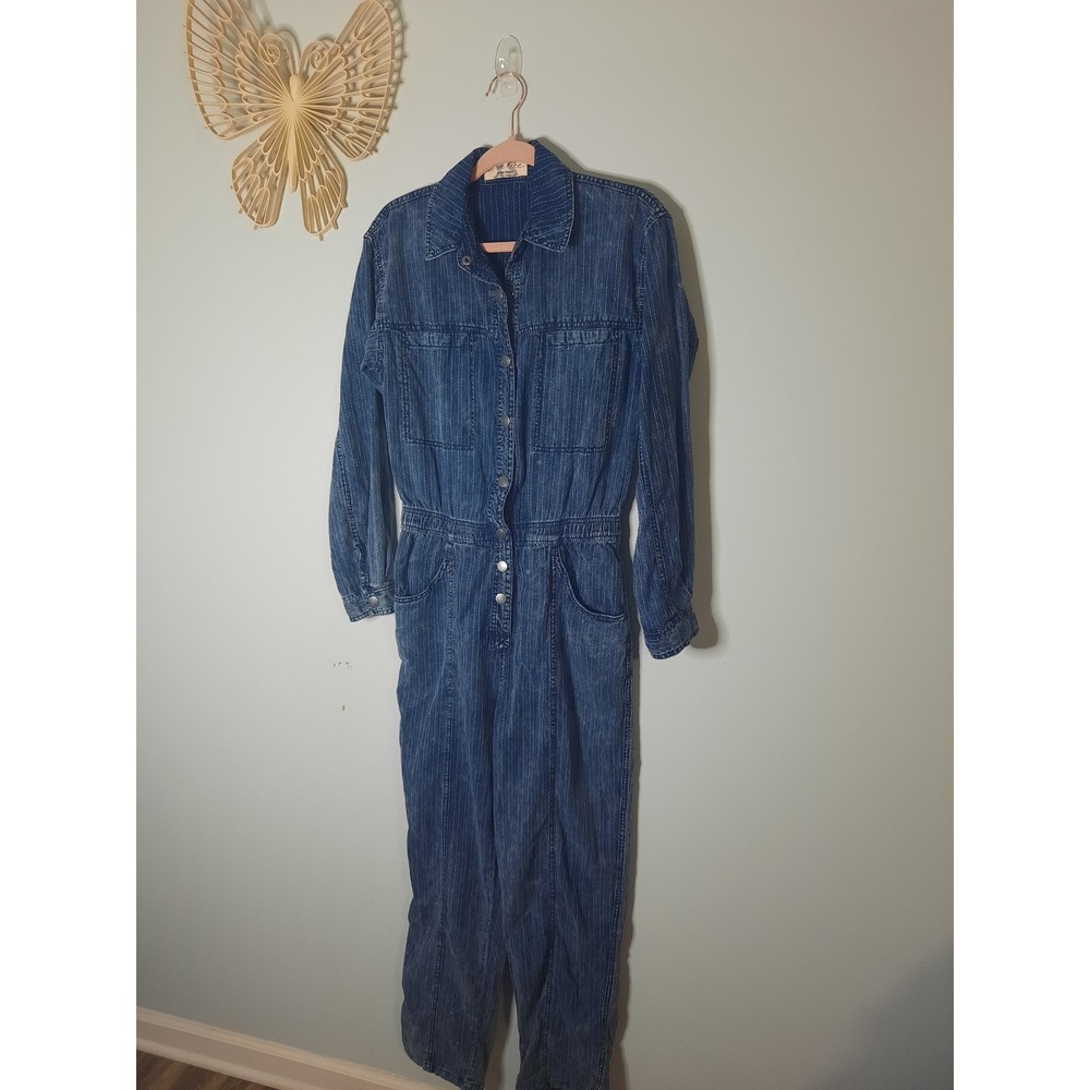 We The Free Free People Denim Jumpsuit XS Blue Pinstripe Long Sleeve Utility
